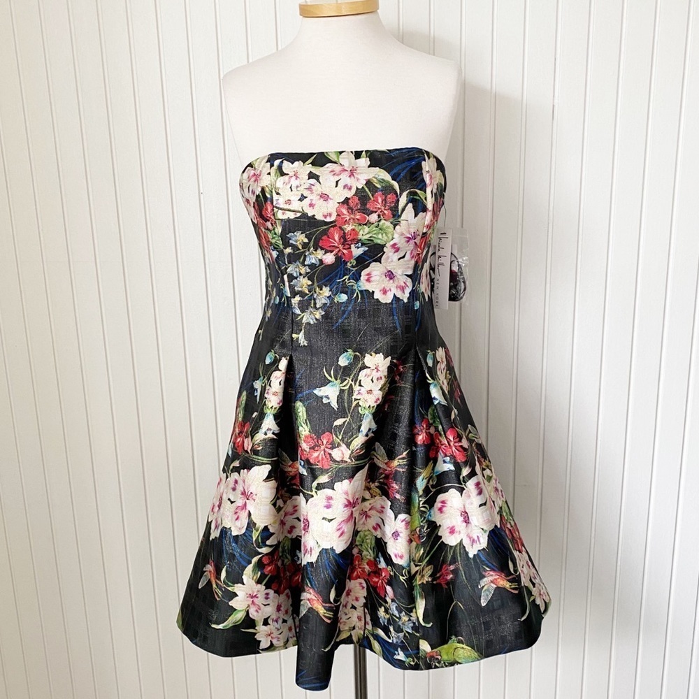 NWT Nicole Miller New York Strapless Black & Floral Circle Party Dress Size 14